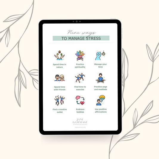 Tablet displaying a list of nine ways to manage stress with icons on a light background