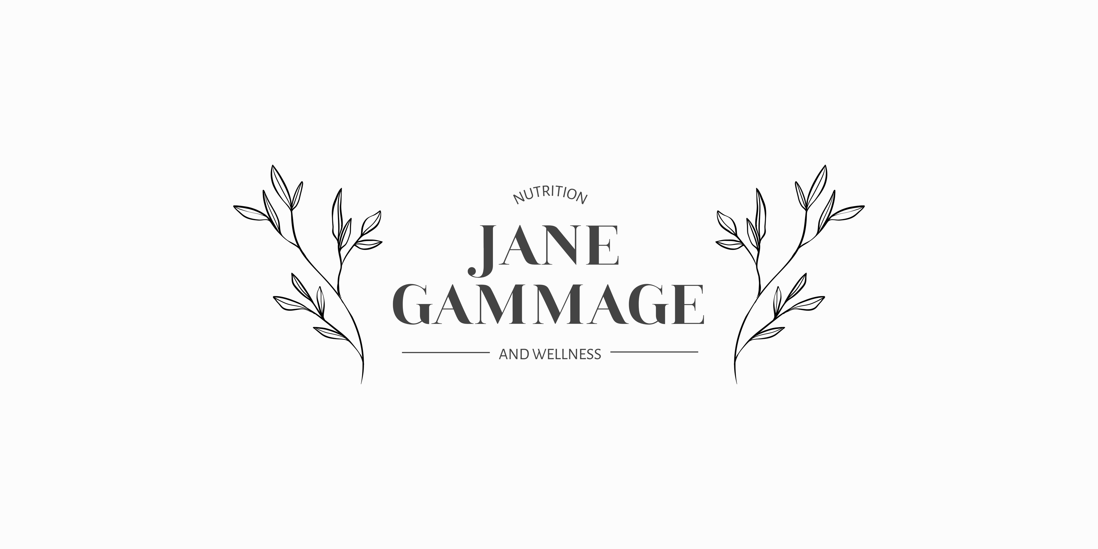 Logo for Jane Gammage Nutrition and Wellness with decorative elements on a white background