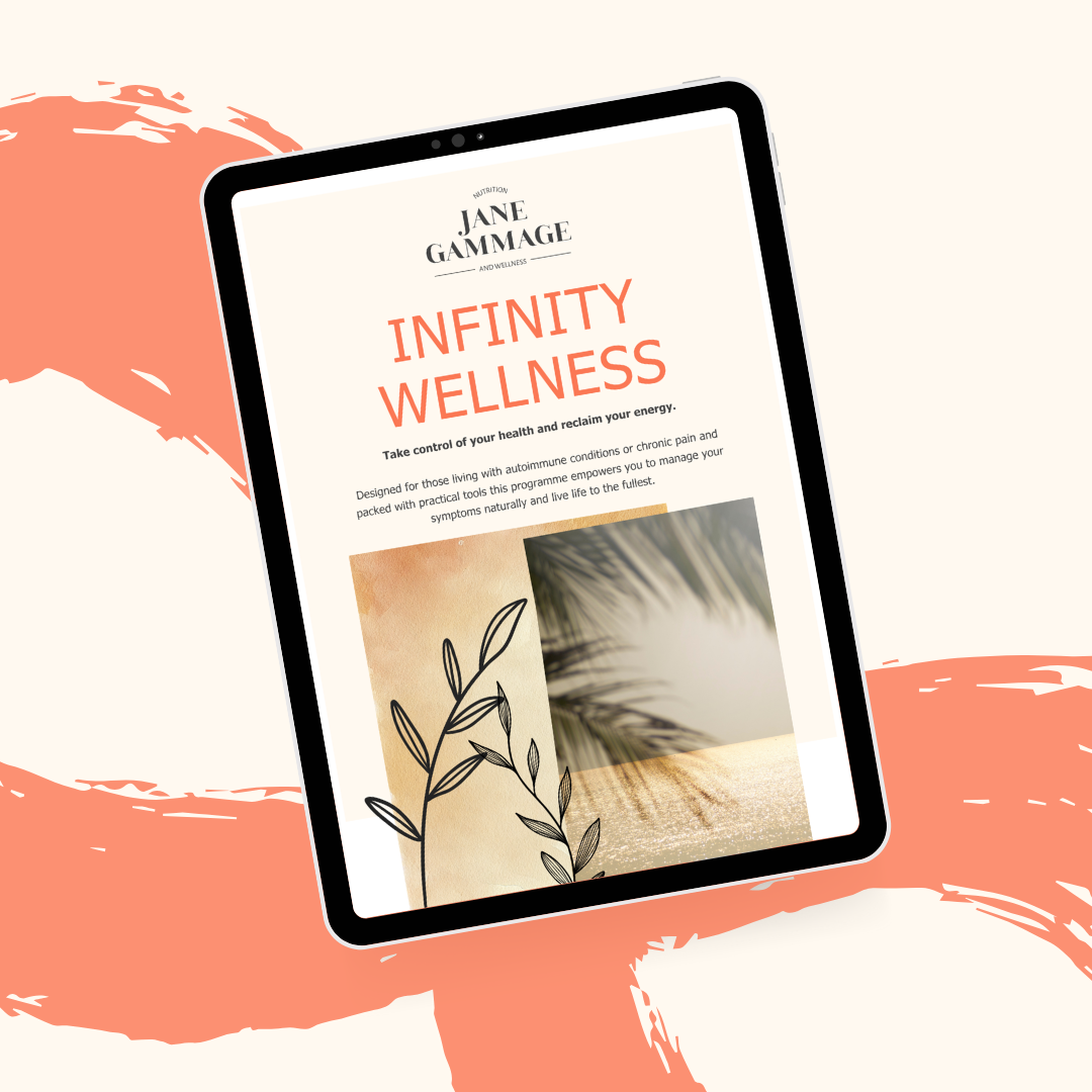 Tablet displaying 'Infinity Wellness' by Jane Gammage on a colorful background