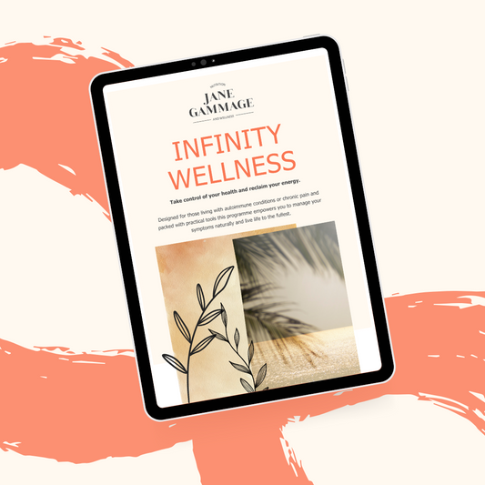Tablet displaying 'Infinity Wellness' by Jane Gammage on a colorful background